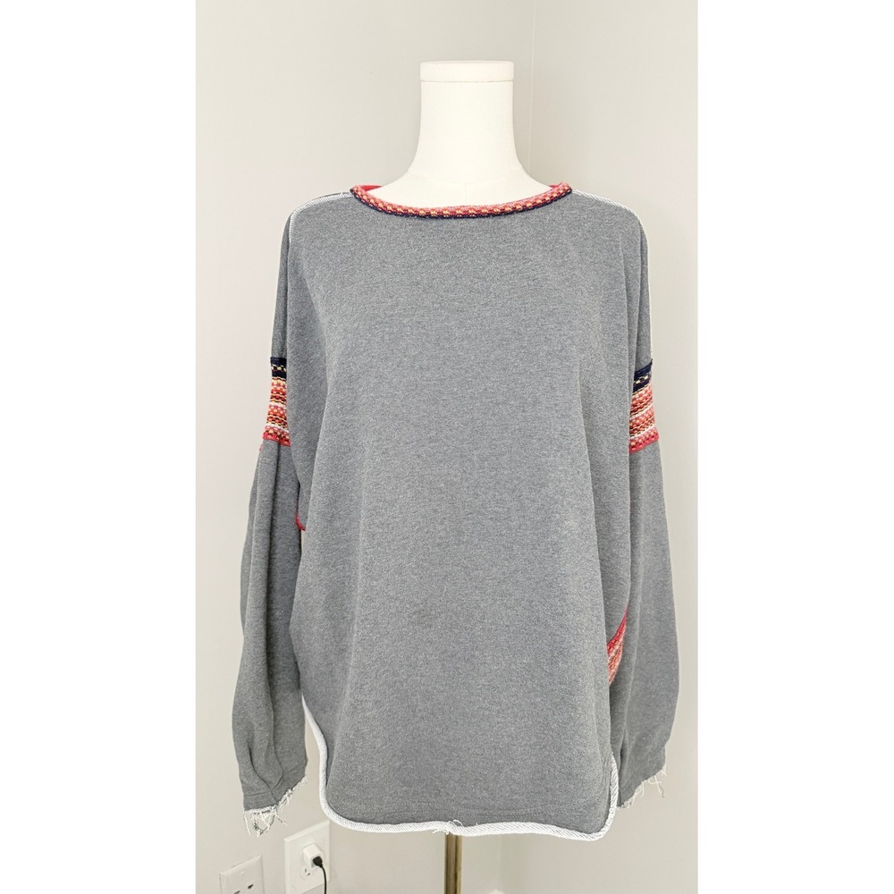 Natural Life Boho Aztec Sleeve Sweatshirt Gray L/XL Raw Edge Seam Cotton Blend